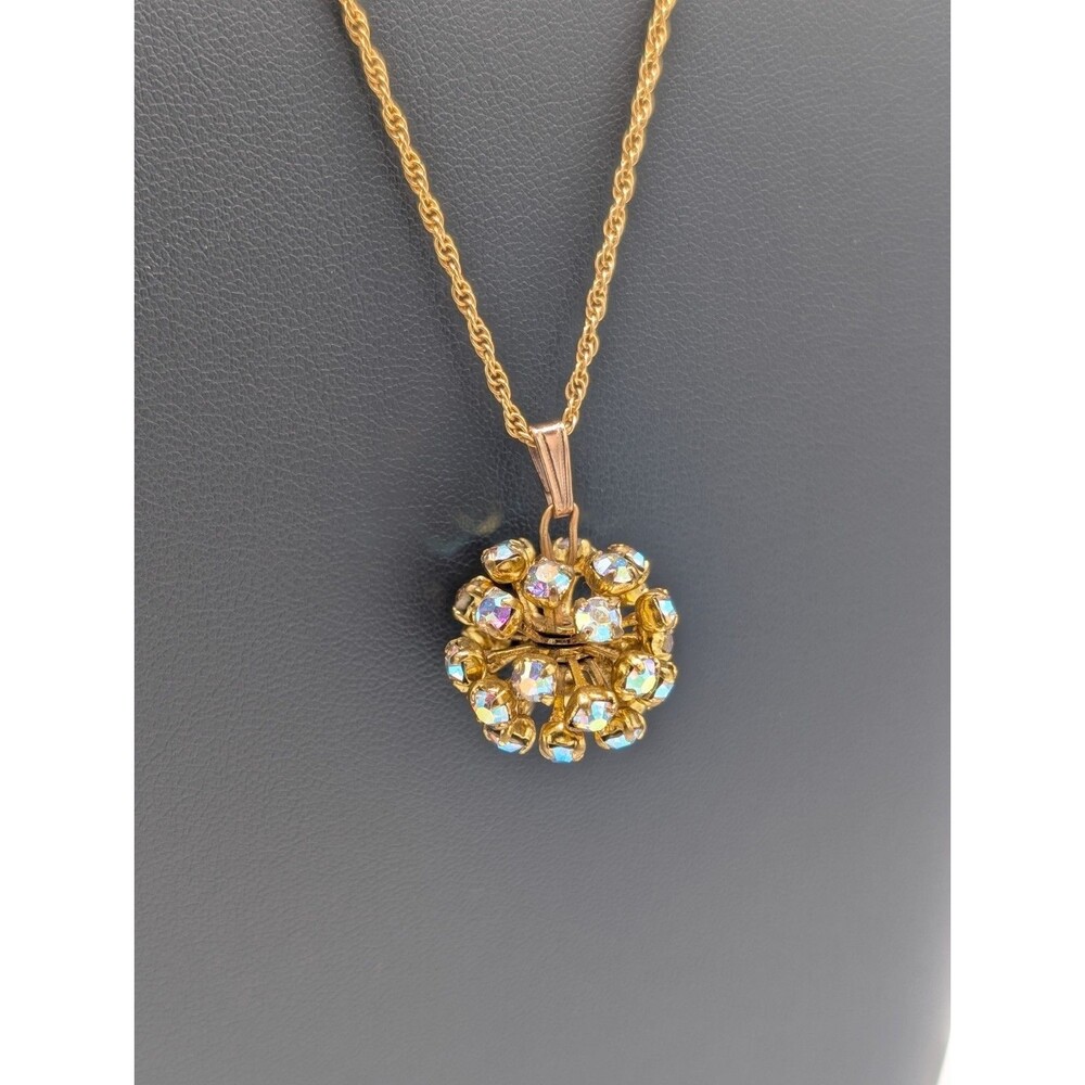 Vintage Gold Tone Link AB Aurora Borealis Crystal Bead Ball Pendant Necklace
